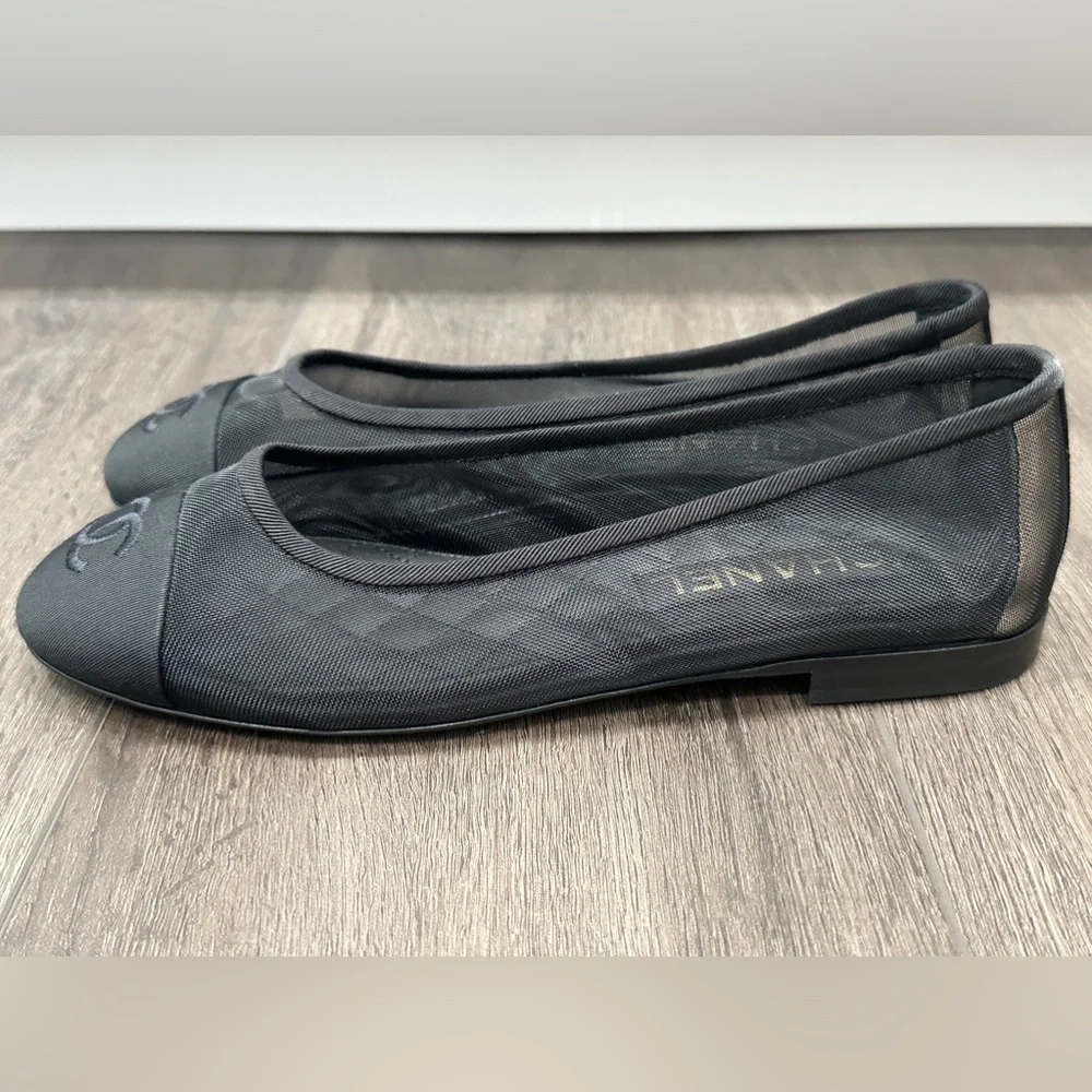 2025 CHANEL BLACK MESH BALLET FLATS BALLERINA SHOES 37 NEW - Picture 14 of 16